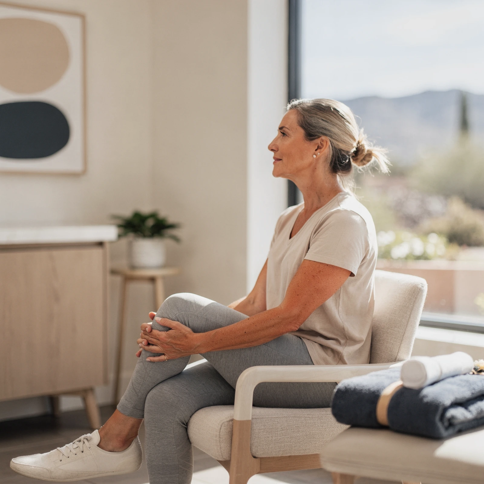 Woman sitting in a bright clinic room with desert mountain views, holding her knee in a supportive position